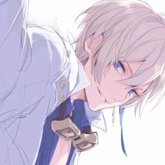 an anime character with blonde hair and blue eyes is holding his hand over his face