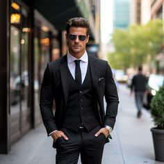 Black Men's Suit 3 Piece Set Blazers Vest Pants Classic Business Gentleman Formal Groom For Wedding Occasion on Storenvy Black Vest Coat For Men, Groom Wedding Suit Black, Taxido Suit For Groom, Modern Men Suit Fashion, Tailored Double Breasted Suit For Groom, Black Tuxedo For Men Wedding Groom Style, Slim Fit Tuxedo For Groom, Tailored Suits For Groom, Tailored Tuxedo For Groom