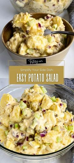 two bowls filled with potato salad on top of a table