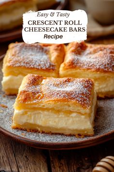 cheesecake bars on a plate with the text easy and tasty crescent roll cheesecake bars recipe