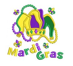 mardi gras logo with beads on the bottom and an elephant's head