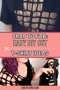 a woman with purple hair wearing black clothes and text overlay that reads, draw to fab easy diy cut t - shirt ideas