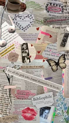 collage of books and papers with paper hearts, flowers, and butterflies on them