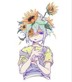 a drawing of a girl with sunflowers on her head holding a cell phone