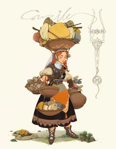 a drawing of a woman with many items on her head and holding a basket full of food