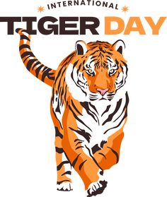 a tiger is running across the white background with words international tiger day on it's side