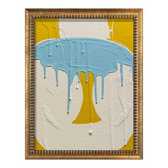 a painting with blue and yellow drips on it