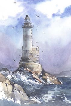 a painting of a lighthouse on top of a rock in the ocean