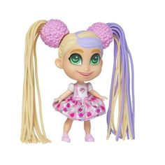 a doll with long blonde hair and green eyes wearing a pink dress, standing next to a