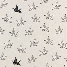 black and white origami cranes on off - white linen fabric by the yard