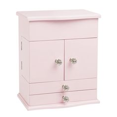 a pink wooden cabinet with two drawers and chrome knobs on the bottom drawer, isolated against a white background