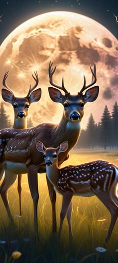 three deer standing next to each other in front of a full moon with trees and grass