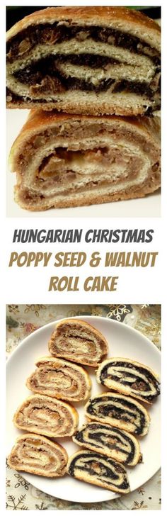 an image of some food on a plate with the words hungarian christmas poppy seed and walnut roll cake