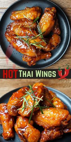 two plates with chicken wings on them and the words hot thai wings written in red