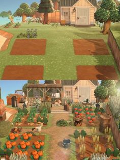 an animated farm scene is shown in two separate screens, one showing the vegetable garden