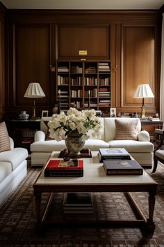 a living room filled with white furniture and lots of books on top of a coffee table