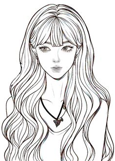 a drawing of a woman with long hair and a necklace on her neck, looking straight ahead