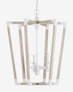 a white chandelier hanging from the ceiling with wood strips and candles in it