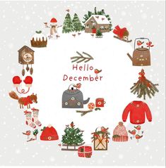 a christmas card with the words hello december surrounded by holiday decorations and animals in winter clothes