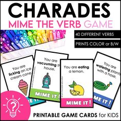 Verb Charades | Miming Game Cards for Kids - Hot Chocolate Teachables Verb Games, Progressive Verbs, Making Sentences, Word Games For Kids, Charades Game, Present Continuous, Action Verbs, Question Cards, Language School