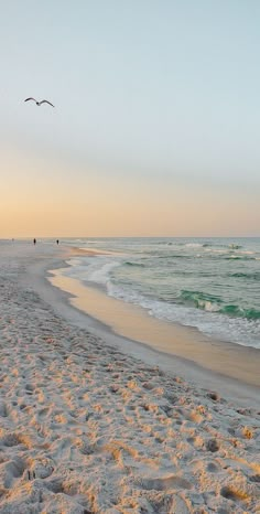 two people walking on the beach near the ocean at sunset, with one person flying a kite in the distance