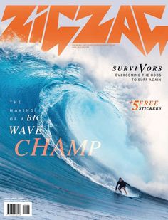 a magazine cover with a surfer riding a wave in the ocean on top of it