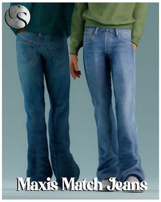 two people standing next to each other with their hands in their pockets and the words, max's match jeans