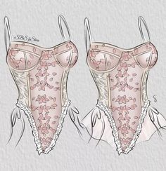 two bras with pink flowers on them, one is drawn in pencil and the other has