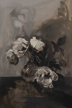 an oil painting of white flowers in a vase on a table top with black and grey background