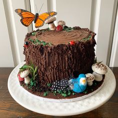 a chocolate cake decorated with bugs, mushrooms and butterflies on a white plate sitting on a wooden table