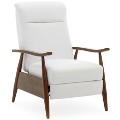 a white recliner chair with wooden legs and armrests, viewed from the front