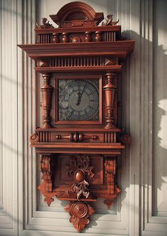 a wooden clock mounted to the side of a wall