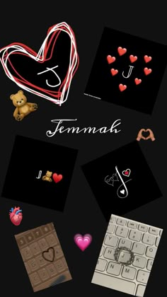 an image of some hearts and other things on a black background with the word love spelled in