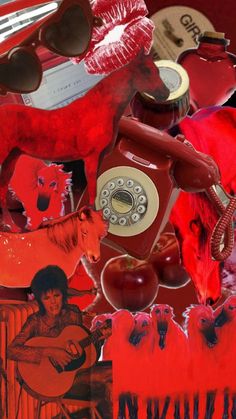 a collage of red objects including an old phone and other items are shown in this image