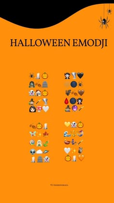 halloween emoji book cover with an orange background and lots of icons on it