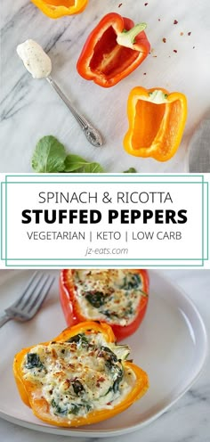 spinach and ricotta stuffed peppers on a white plate