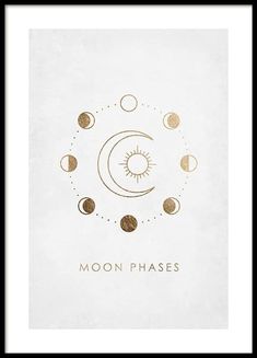 the moon phases in gold foil on white paper with black framed border and dark wood frame