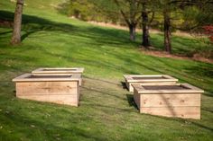 two wooden planters sitting on top of a lush green field next to some trees