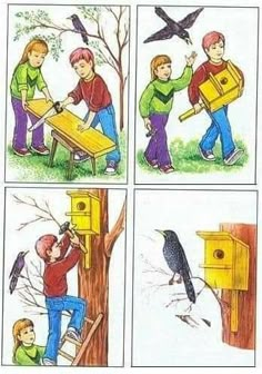 four different pictures of people building a bird house with birds around them and one man holding a box