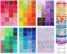 many different colors of beads are arranged in rows