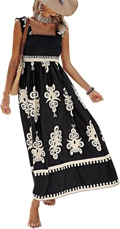 Amazon.com: SHENHE Women's Smocked Sleeveless Flowy Tribal Print Summer Boho Vacation Maxi Dress Apricot Medium : Clothing, Shoes & Jewelry Boho Dress Casual, Beach Outfit For Women, Vacation Maxi Dress, Boho Beach Dress, Boho Summer Dresses, Floral Fit, Summer Boho, Boho Summer, Spring Dress