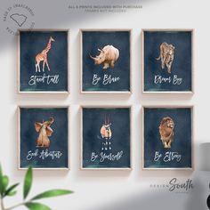 four framed pictures with different animals on them