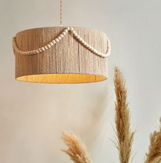 a lamp hanging from the ceiling next to some dried flowers and plants in a vase