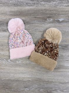 Infant or Baby Girls Sequin Pom Pom Beanie Hat - Sydney So Sweet Winter Party Beanie Hat, Pink Cap For Fall, Pink Hat For Cold Weather In Fall, Pink Hats For Cold Weather In Fall, Pink Hats For Cold Weather In Winter, Pink Hats For Cold Weather And Winter, Warm Pink Bonnet For Winter, Gold Party Hat For Winter, Pink One Size Hat For Cold Weather