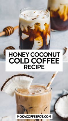 two glasses filled with iced coffee and topped with whipped cream, banana slices and honey