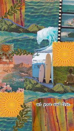 a collage of images with surfboards and words on them that say get your soul free