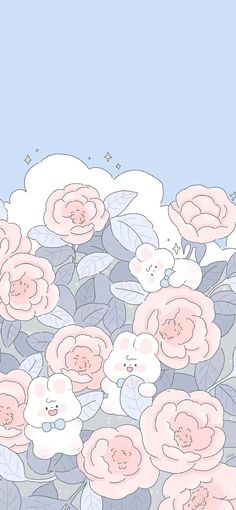 a bunch of flowers that are on a blue and white background with the words hello kitty