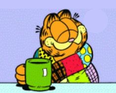 a cartoon cat sitting at a table with a mug