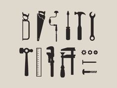 various tools are shown in this black and white illustration, including wrenches, hammers, screwdrivers