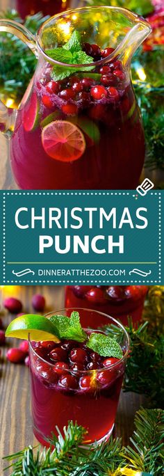 christmas punch with cranberries and limes in a pitcher